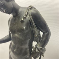 Bronzed classical nude male figure, upon a stepped circular base, H61cm 