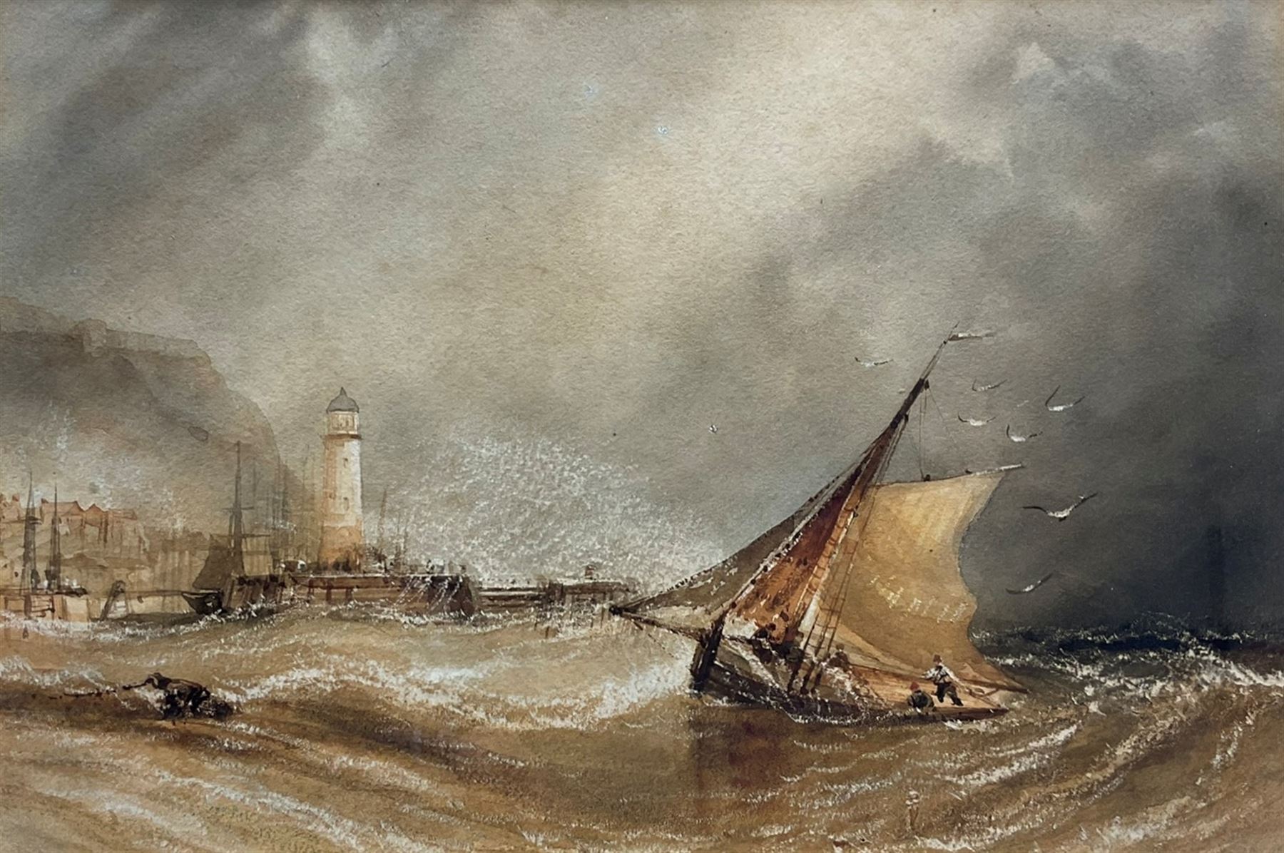Henry Barlow Carter (British 1804-1868): Fishing Boat returning to Scarborough Harbour, watercolour with scratching out unsigned 16cm x 24cm
Provenance: with Walker Galleries, Harrogate, label verso