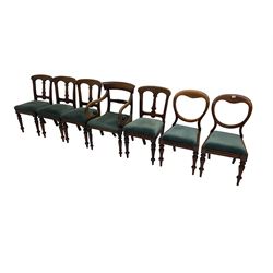 Harlequin set seven 19th century mahogany dining chairs, drop-in teal upholstered seat raised on turned supports
