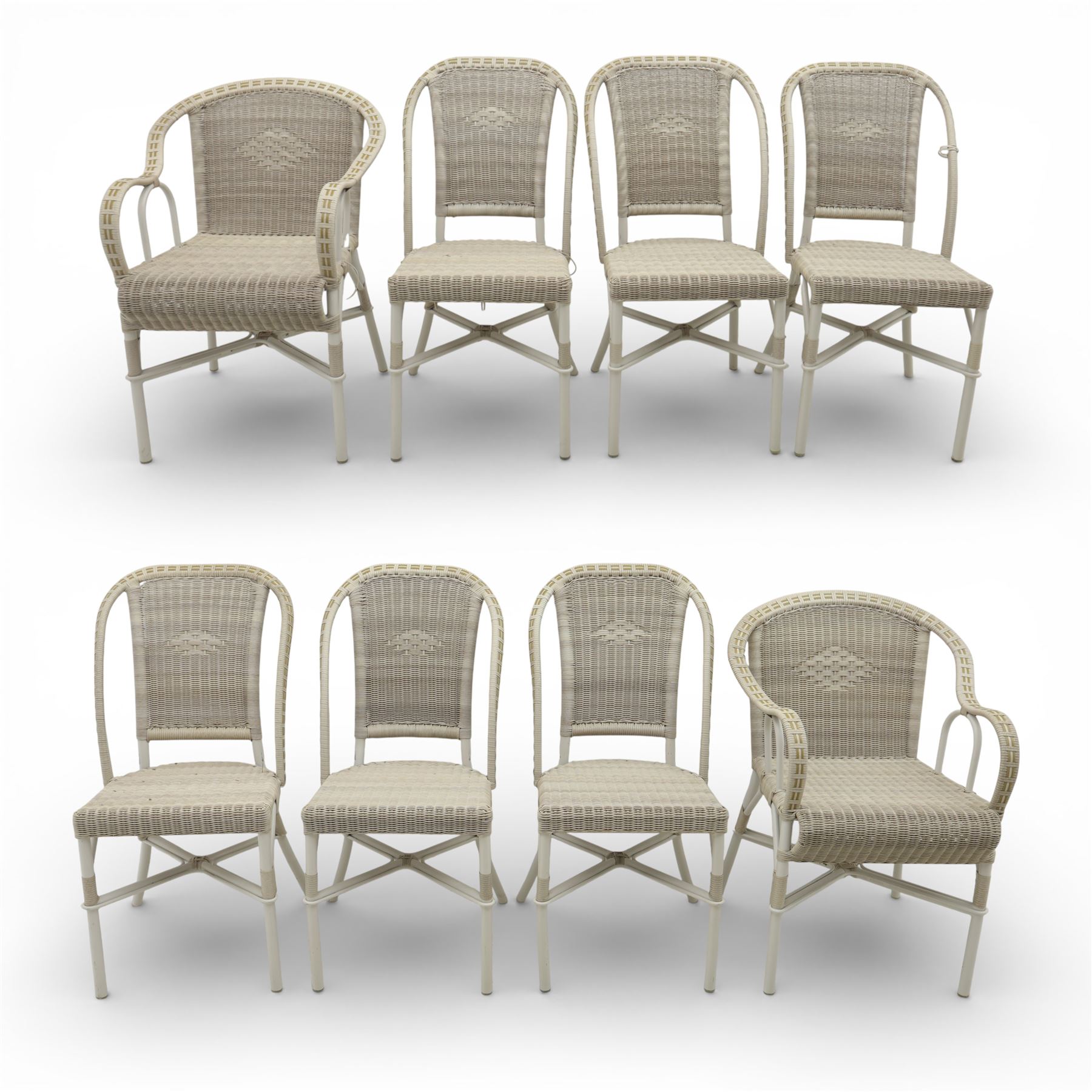 Kok Maison - 20th century French wicker chairs, set of eight including two carvers, with arched woven backs and seats in close cane weave, the frames painted cream, the arms with wrapped wicker detail, raised on turned supports united by cross shaped stretchers