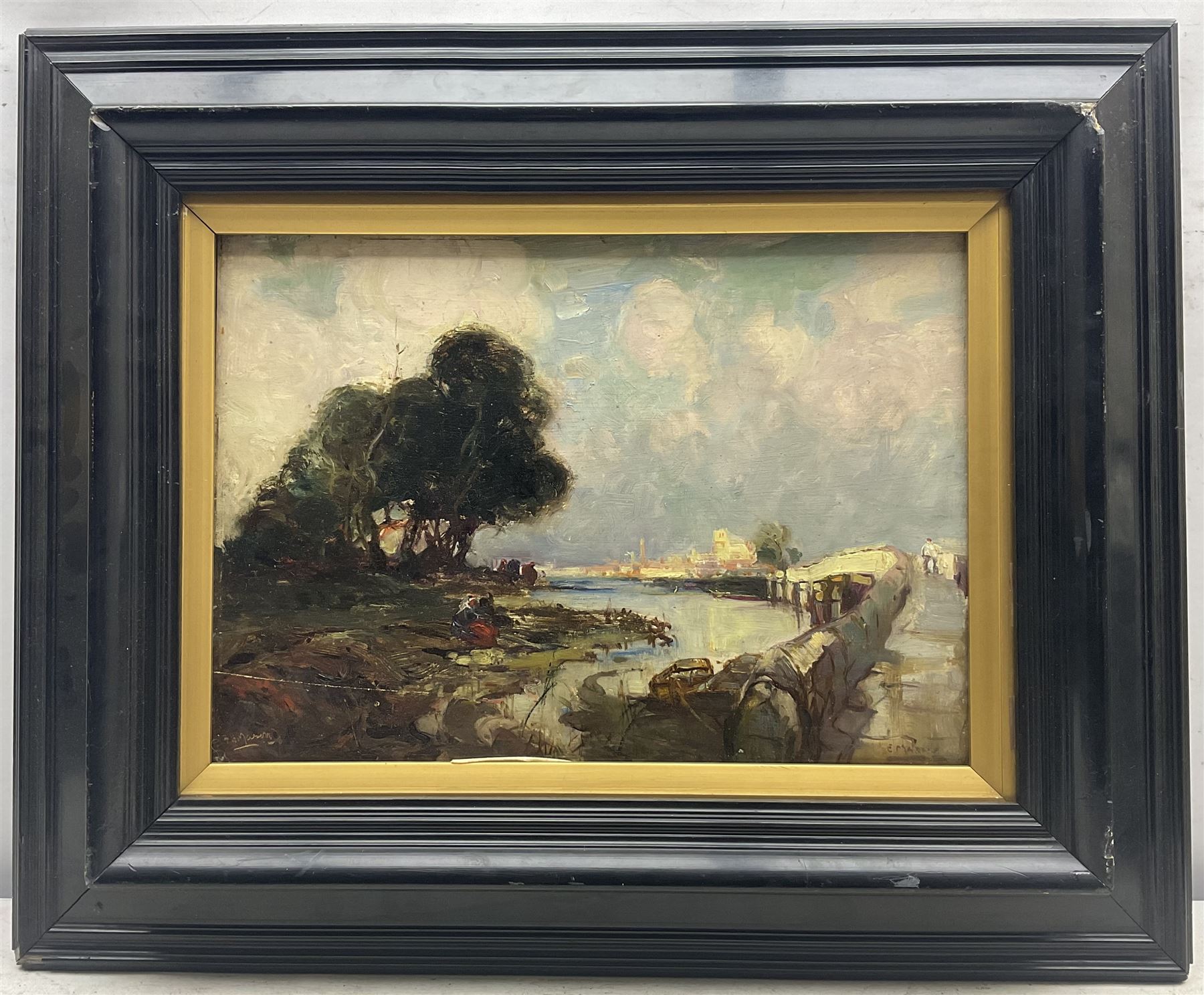 Frank Henry Mason (Staithes Group 1875-1965) and Edith Annie Mason (neé Townley-Fullam) (British 1877-1942): North African Landscape with Figures and Bridge, oil on board signed 25cm x 35cm 
Notes: Frank and Edith married on 26th February 1899 at St Matthew's Church in Elswick, Newcastle, and soon after moved to Rockside House, Blenheim Terrace, Scarborough. Edie (as she was known) was the daughter of Captain George Townley-Fullam (1841-1879), master's mate on the CSS Alabama during the American Civil War, who was lost at sea during a hurricane in the Bay of Biscay whilst captaining the steamer Marlborough.
