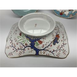 19th century Royal Crown Derby in cherry tree pattern, twin handled sauce dish and saucer and twin handled dish, together with three Royal Crown Derby plates, including one signed WEJ Dean