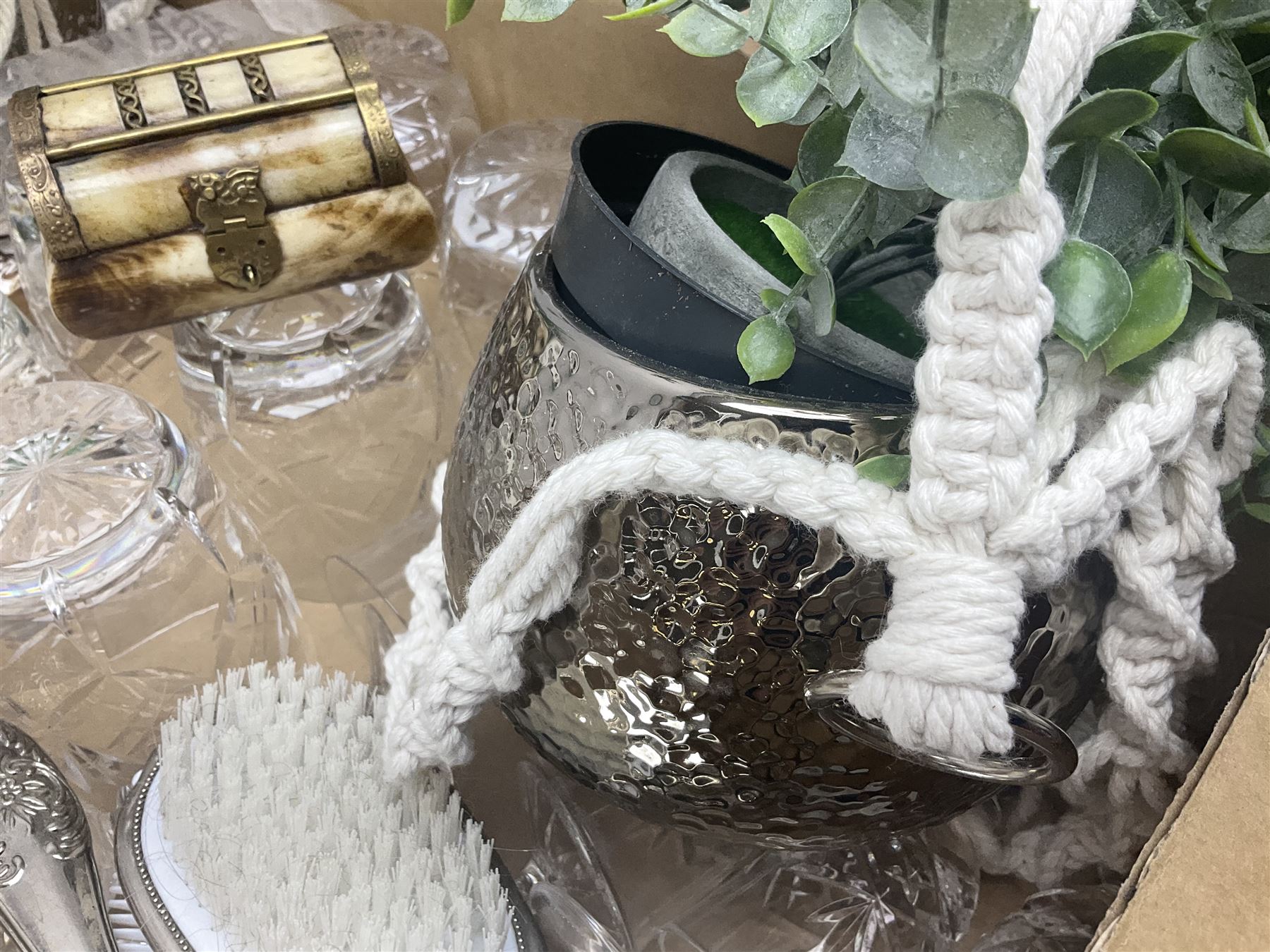 Collection of glass ware, to include six tumblers and six wine glasses, together with other decorative collectables, in two boxes