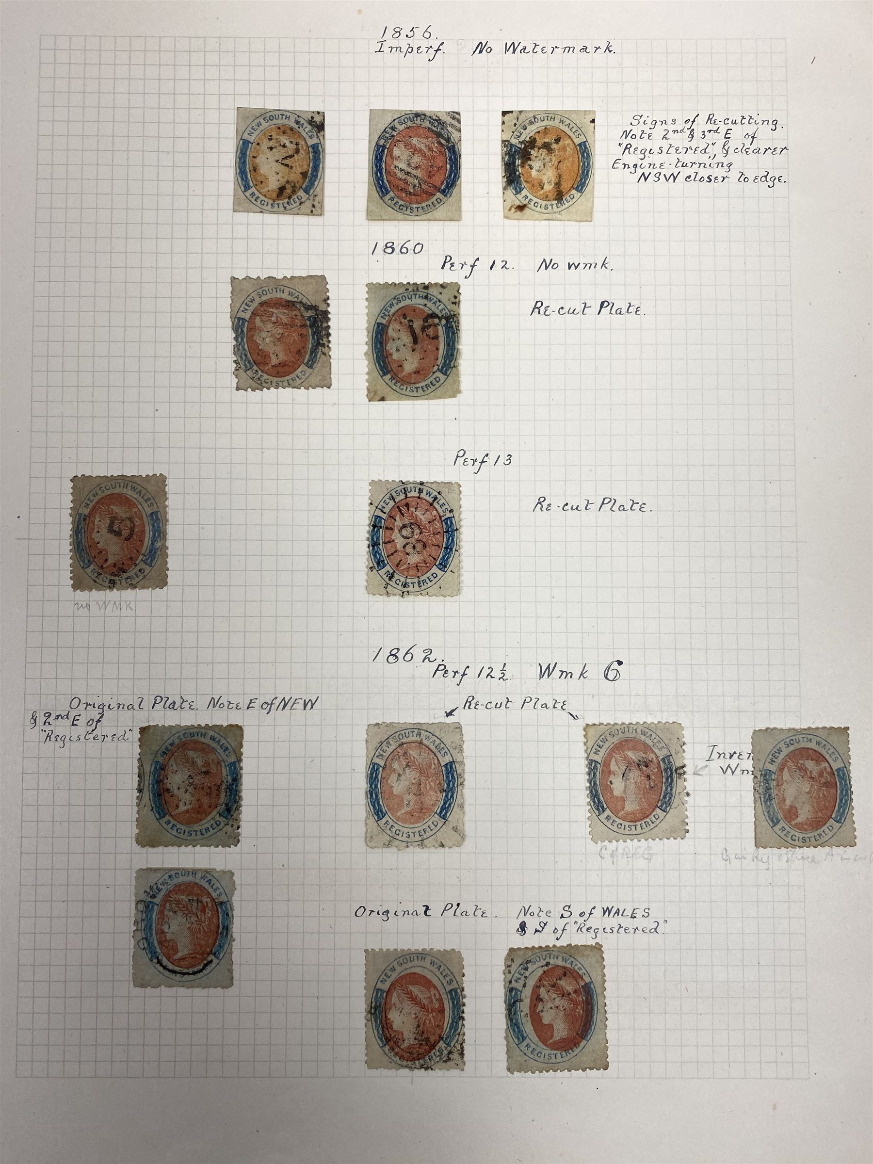 Australia New South Wales stamps, including 1850-4 various imperf issues, 1854-6 including five pence, six pence, one shilling etc, 1856-60 registered letter stamps, 1861-88 five shillings etc, housed on pages