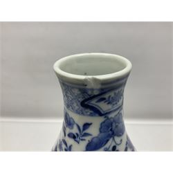 19th century Chinese blue and white double gourd form vase, decorated with blooming peonies and birds in flight, H36cm