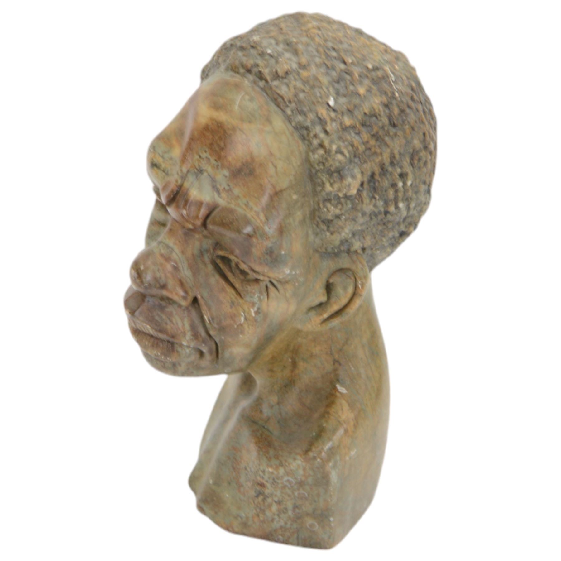 Hand carved soap stone African bust, together with a hardwood bust, stone bust H20cm 