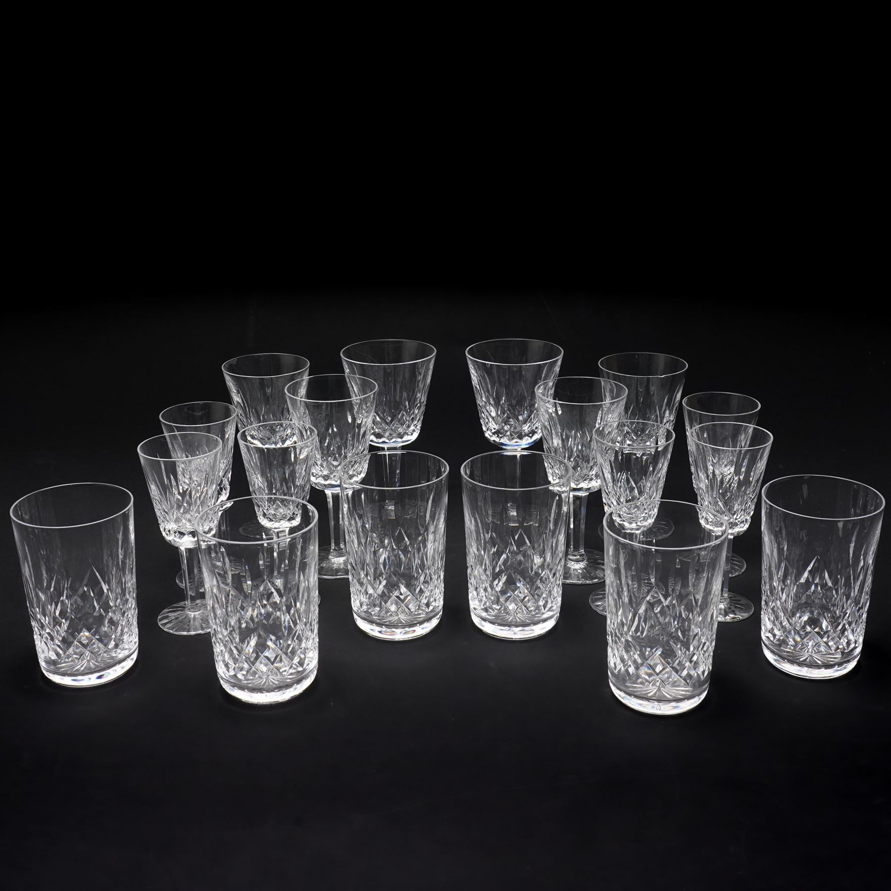 Part set of Waterford Lismore glass comprising six wine glasses in two sizes and six sherry glasses together with six similar tumblers