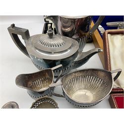 Silver mounted glass cruet set, Hallmark Walker & Hall, together with silver plate cased canteen, tea set etc