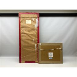 Jean Jones (Irish 20th century): 'Apples and Flowers', watercolour signed and dated 2001 together with brass rubbing of Jane Coningsbie (d.1608) from the Church of Saint Margaret at Felbrigg Norfolk max 104cm x 39cm (2)