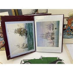 Set of four framed coloured prints humorous fire brigade related, after Chris Reynolds, together with Brooke bond picture cards, to include Asian wild life, the race into space, travel through the ages etc