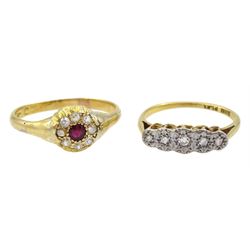 Early 20th century gold ruby and old cut diamond cluster ring and a gold five stone diamond ring, both 18ct
