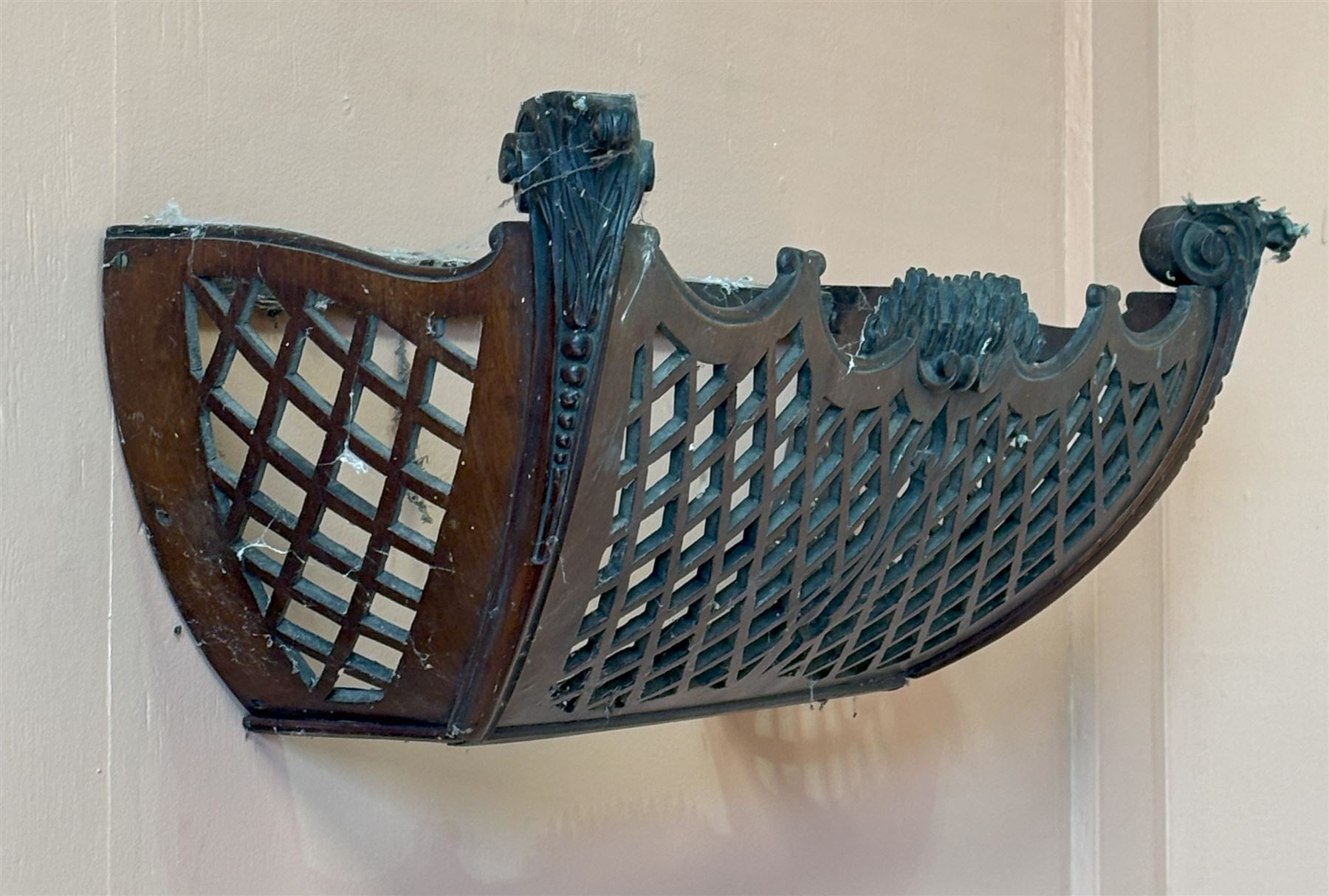 Fine Georgian fret carved mahogany cabinet pediment of cushion form, the latticework panels enclosed by conforming 'C' scrolls and carved acanthus leaves. W78cm, H28cm, D30cm. - COLLECTION BY APPOINTMENT FROM: The White House, Thirsk Road, Easingwold, York, YO61 3NF - CALL 01723 507111 TO ARRANGE