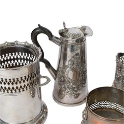 Silver plated twin handled bottle holder bottle, together with another bottle coaster and other plated items