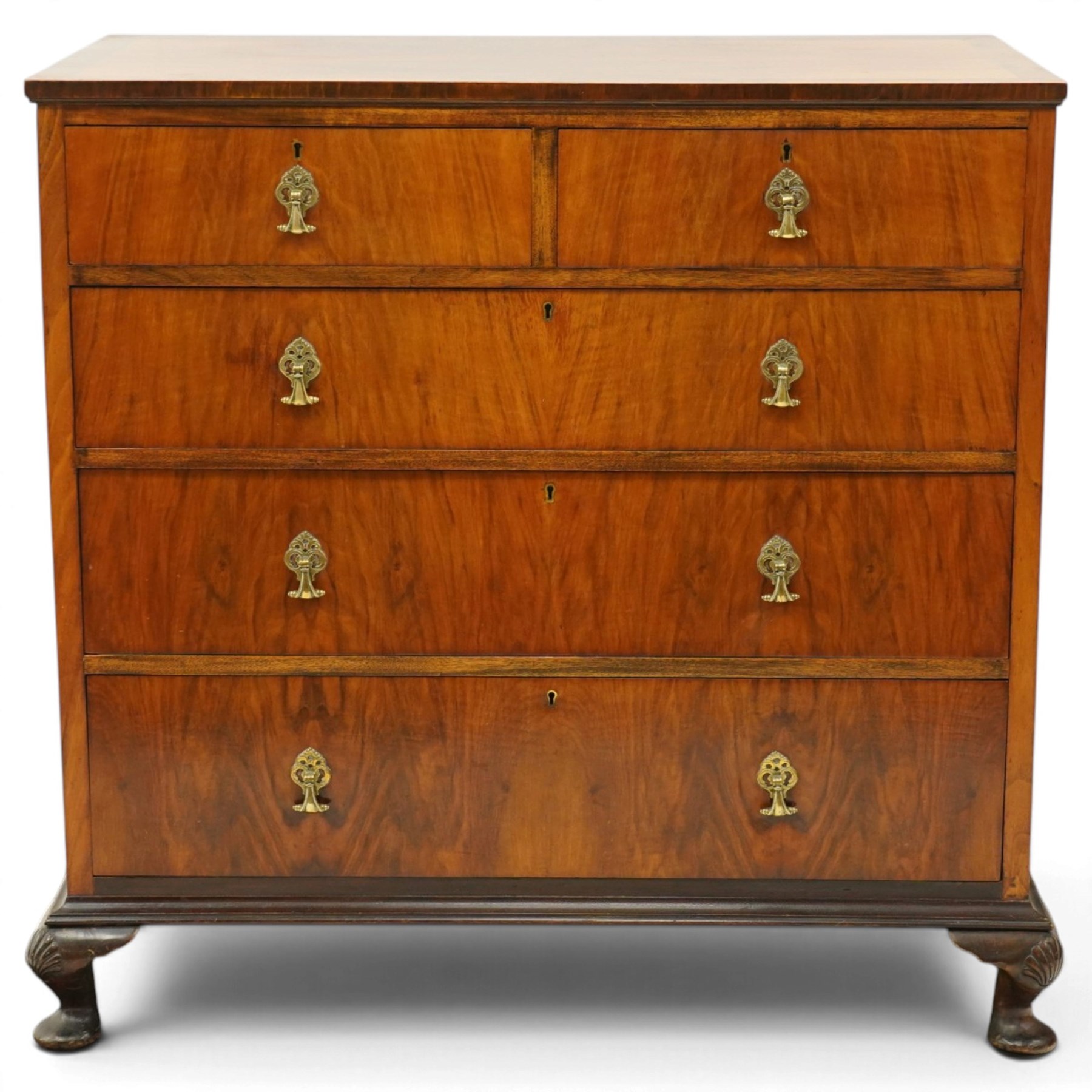 Early 20th century figured walnut chest, rectangular top with burr crossbanding, fitted with two short over three long drawers with brass drop-handles, lower moulded edge over shell-carved cabriole feet