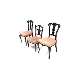 Two late Victorian mahogany chairs, moulded and shaped splat, upholstered seat, cabriole supports, together with single smaller chair in matching upholstered 