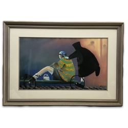 Mackenzie Thorpe (British 1956-): 'I Always Had to Push', pastel on card signed 42cm x 70cm
Provenance: purchased from Halycon gallery Birmingham
Notes: one of Thorpe's earlier pastel originals