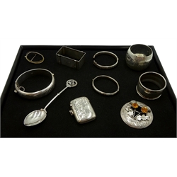  Edwardian silver vesta case by G Loveridge & Co, Birmingham 1909, silver 'Derby Lodge' masonic spoon, silver bangles and napkin rings all hallmarked and a silver-plated Scottish thistle brooch, weighable silver approx 4.5oz  