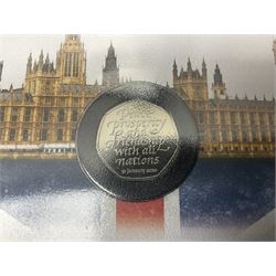 Mostly commemorative coinage, including various Queen Elizabeth II United Kingdom brilliant uncirculated fifty pence, two pound and five pound coins in card folders, The Royal Mint United Kingdom 2012 proof coin set, Alderney 2021 'Royal National Lifeboat Institution' five pound coin cover in Harrington and Byrne folder etc