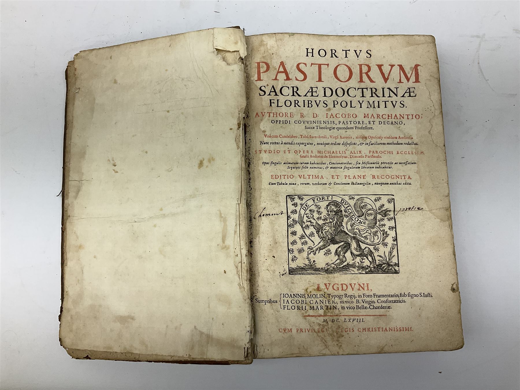 Three 17th century Lugduni (Lyon) printed books each with engraved title page in red and black comprising R.P. Corn Cornelii A Lapide .... Tomus Primus. 1690; R.P. Cornelii Cornelii A Lapide .... 1683; and Hortus Pastorum Sacrae Doctrinae Floribus Polymitus .... 1668. All folio with full calf bindings (3)
