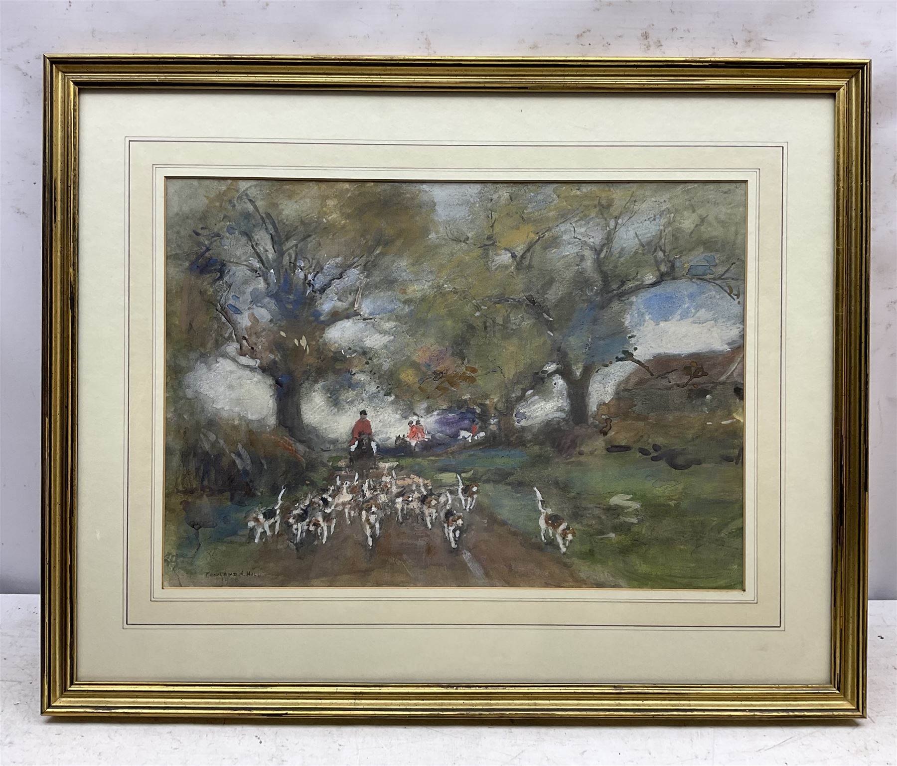Rowland Henry Hill (Staithes Group 1873-1952): North Yorkshire Foxhounds on a Country Lane, watercolour signed and dated 1908 
Provenance: private collection, purchased David Duggleby Ltd 16th September 2013 Lot 43; exh. Phillips & Sons, Cookham, November 1980
