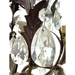 20th century distressed gilt tole chandelier, with six curved leaf clasped scrolling arms and frame, hung with lustre drops, approximately H50cm