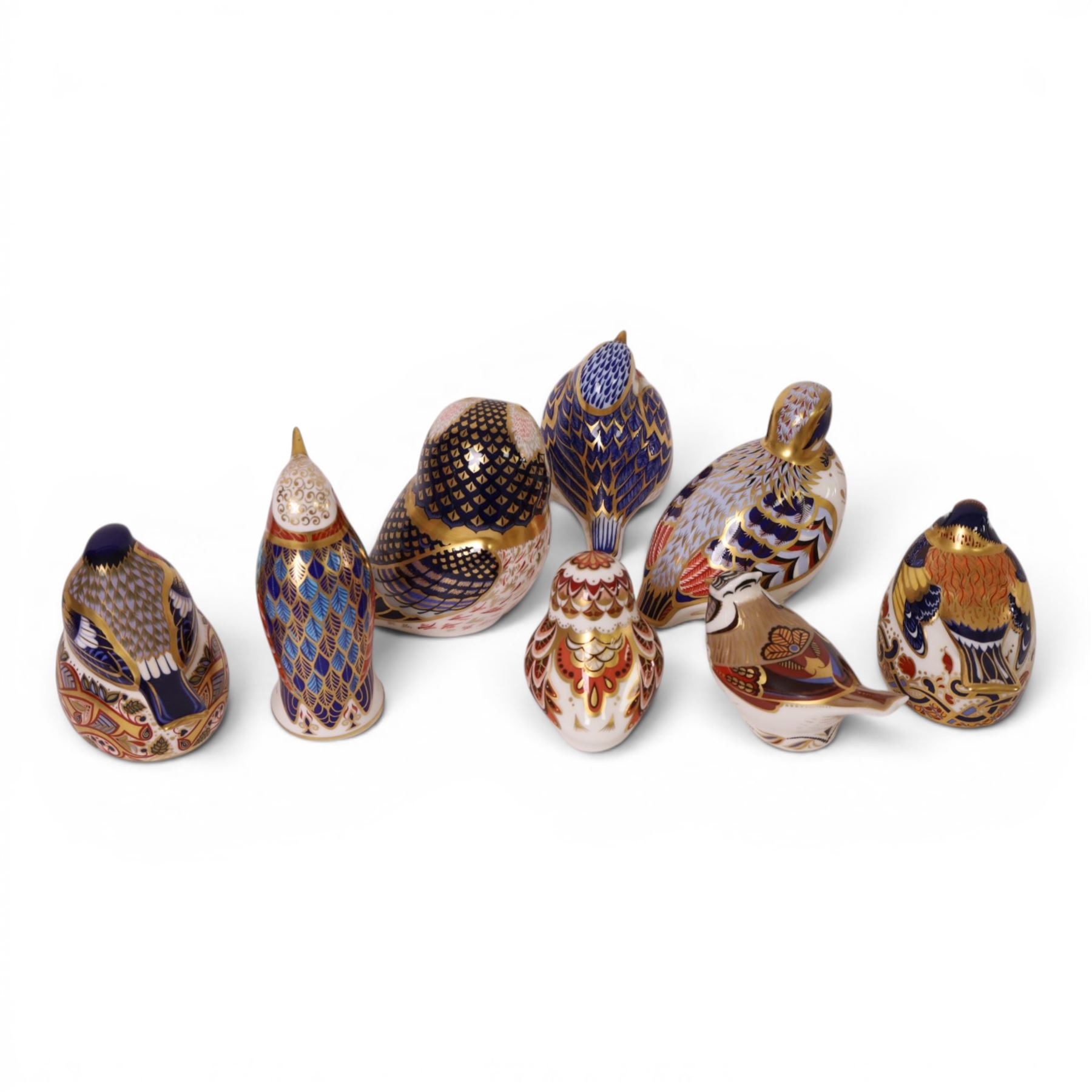 Royal Crown Derby bird paperweights, including Owlet gold stopper, Tawny Owl gold stopper, Gold Crested Tit gold stopper, Red Legged Partridge, etc