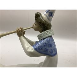 Lladro Young Jester set, comprising Mandolin no 6237, Trumpet no 6238 and Singer no 6239, all with original boxes, largest example H22cm