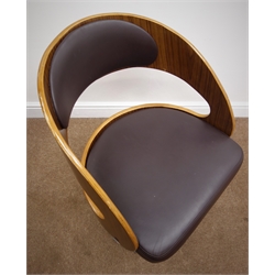  Rosewood bent plywood tub shaped adjustable swivel desk chair, chocolate brown upholstered splat and seat, chrome support and base, W56cm  