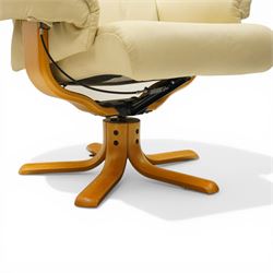 Modern cream leather swivel recliner, with cable operated switch to recline, raised on light bentwood frame