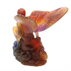 Daum 'Kneeling Angel', glass bowl held aloft by a pate de verre figure, incised Daum France, boxed, H28cm 
