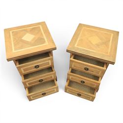 Barker & Stonehouse - contemporary flagstone and mango wood bedside cabinets, square top with inlaid flagstone, above three drawers with metal ring pull handles, raised on a plinth base with bracket feet