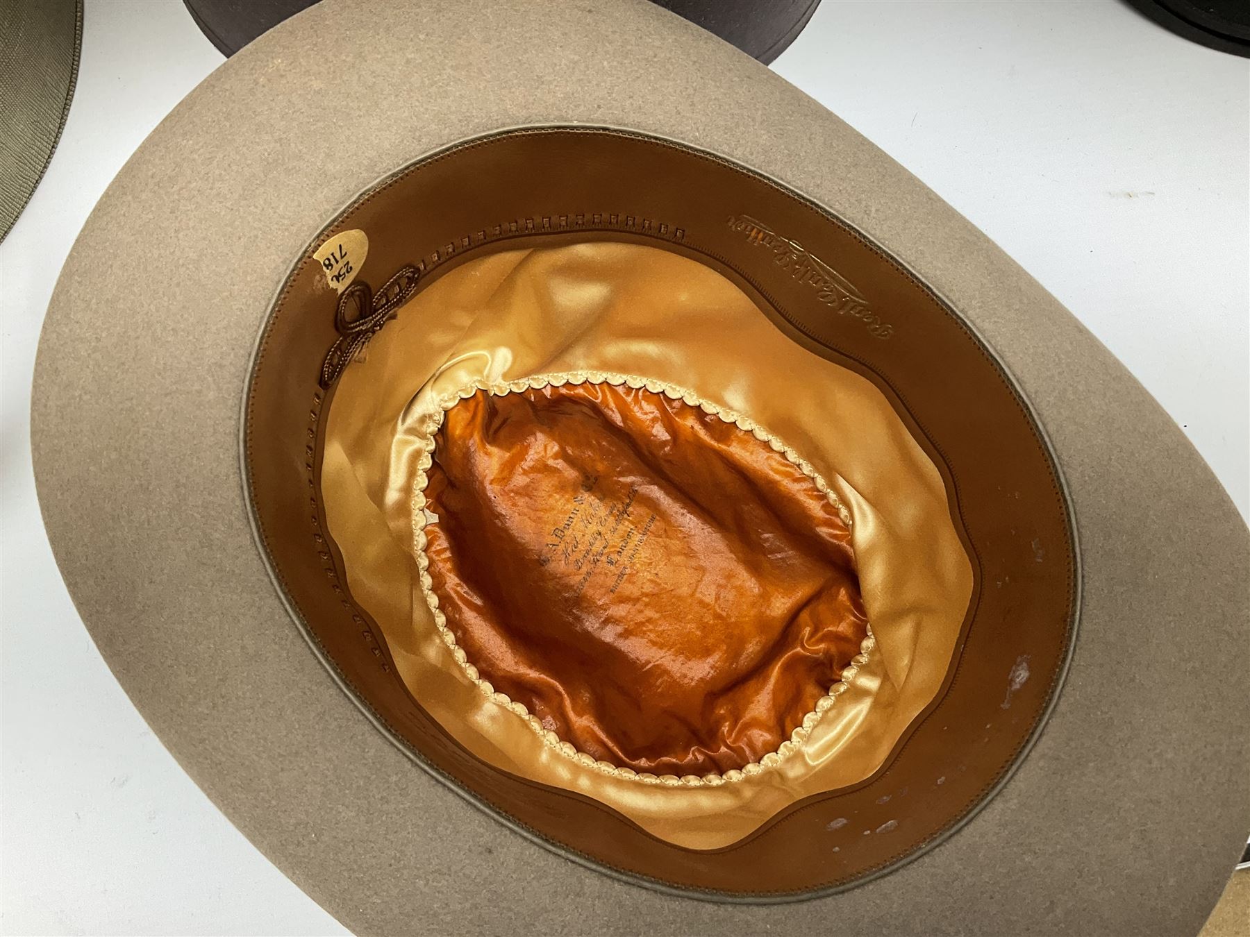 Grey homburg hat  C A Dunn & Co bowler hat, Christy's London,  bowler hat R W Forsyth, Antler hat box with handle, L32, D17cm, Small hat box L28cm, D17cm. 