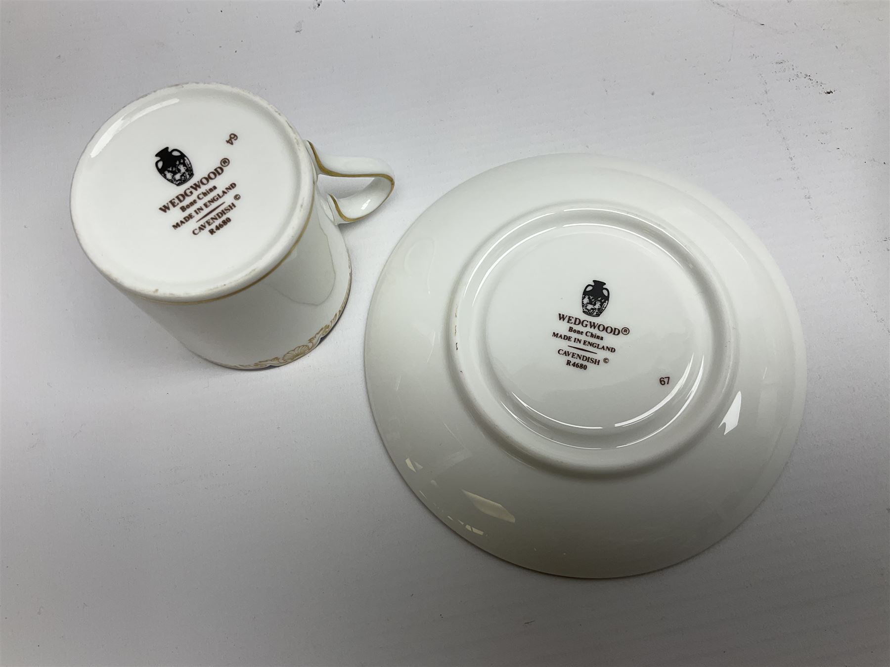 Wedgwood Cavendish pattern dinner service for twelve, comprising dinner plates, side plates, bowls, soup bowls, two tureens, saucer boat and sauce, together with matching part coffee service (82) 