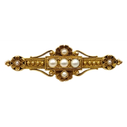  Victorian gold memorial brooch set with split pearls, inscribed verso 'In Memory of Arthur Ellis Durham from his Farther and Mother, 6 Aug 1893, cased  