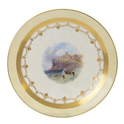 Six 19th century and later cabinet plates, including Royal Doulton example, the central panel decorated a with landscape signed T. Parton 