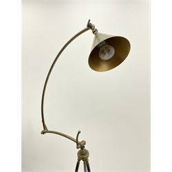 Contemporary brass and bronze finish adjustable floor standing lamp, on tripod base