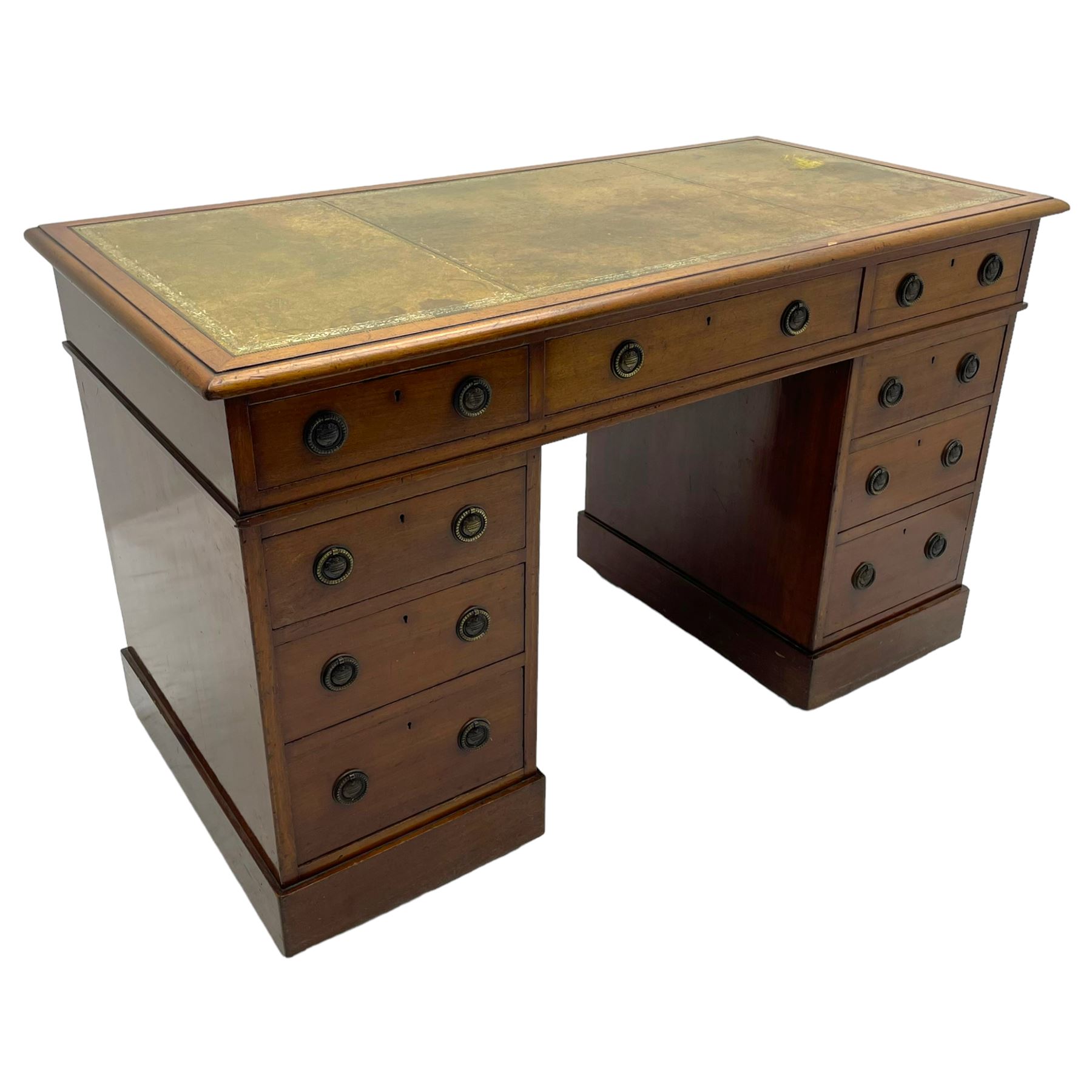 Howard & Sons. - 19th century walnut twin pedestal desk, moulded rectangular top with tooled leather inset, fitted with nine drawers with circular pressed brass handle plates decorated with urns, each drawer fitted with a 'Hobbs, London' lock, on plinth base, the upper right-hand drawer stamped 'Howard & Sons, Berners St.' and with paper label