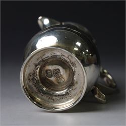 George II silver cream jug, of plain bellied form with capped scroll handle and sparrow beak, upon stepped circular foot, hallmarked London 1737, makers mark indistinct, H8.5cm
