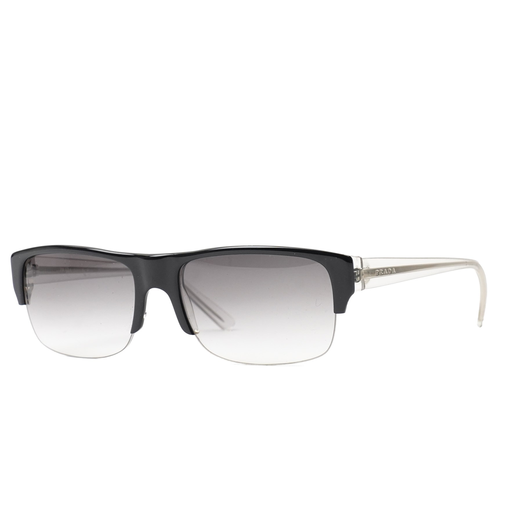 Prada - half-rim sunglasses with black acetate upper frame, clear acetate and silver-tone metal temples, graduated smoke lenses and PRADA lettering to the arms, in original hard case