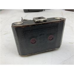 Bilora Boy Box Camera, with leather case, together with Zeiss Ikonta folding camera and another similar example 