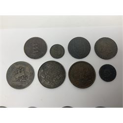 Thirty six late 18th century and onwards United Kingdom and World coins and tokens, to include 1772 Catherine II 5 Kopecks, Swedish quarter and half Skilling pieces dated 1809 and 1806, two Skilling Courant piece dated 1810, 1831 Isle of Man half penny token etc 
