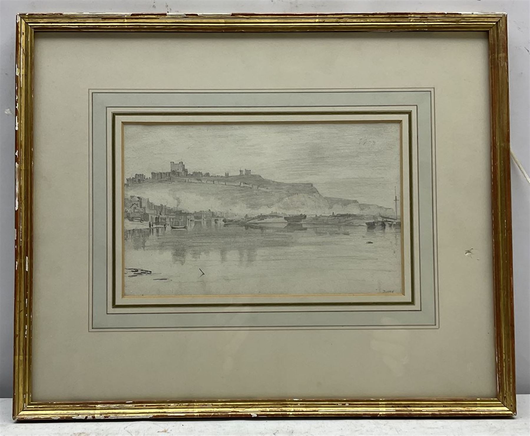 John Constable RA (British 1776-1837): 'Dover', pencil sketch titled and dated 1803, inscribed verso 14cm x 23cm 
Provenance: deceased estate/house clearance in the Leeds/York area, located in a suitcase with broken glass - back opened and glass replaced prior to auction. With The Little Gallery, 5 Kensington Church Walk, London W8, who were active around 1971-1975 specialising in big name artists but the pictures were often sketches, untypical works, thumbnail drawings etc (far more readily available at this period). There are many other examples of big name artist's pictures being sold with the same Gallery label in the same handwriting. The back of the drawing is inscribed 'J Constable' probably in the handwriting of John Fisher, his friend and patron, who on Constable's death dispersed many sketches and scrapbooks. Notes: Constable made a series of drawings, mainly of shipping, during his voyage on the East Indiaman 'Coutts' from London to Deal in April 1803. In a letter to his good friend John Dunthorne, dated 23rd May 1803, he writes 'I came on shore at Deal, walked to Dover (about one and a half hours) and the next day returned to London', giving him a half day in Dover.