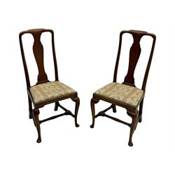 Pair of 19th century Queen Anne design walnut framed side chairs, yoke crest rail over vase-shaped splat, upholstered drop-in seats, raised on cabriole supports with pad feet united by turned stretchers