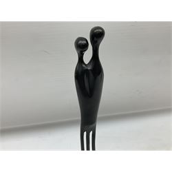 Modernist Scandinavian patinated bronze sculpture of a stylised couple by Louise Hederstrom, with label to base, H42.5cm