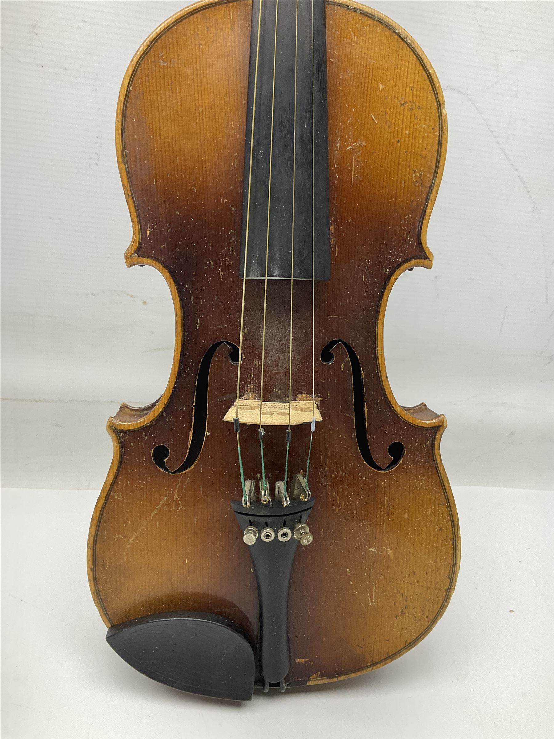 Two three-quarter size violins - German Saxony with 34cm one-piece maple back and ribs and spruce top; L56cm overall; and Hungarian with 34cm two-piece maple back and ribs and spruce top; L56cm overall; each in carrying case with bow (2)