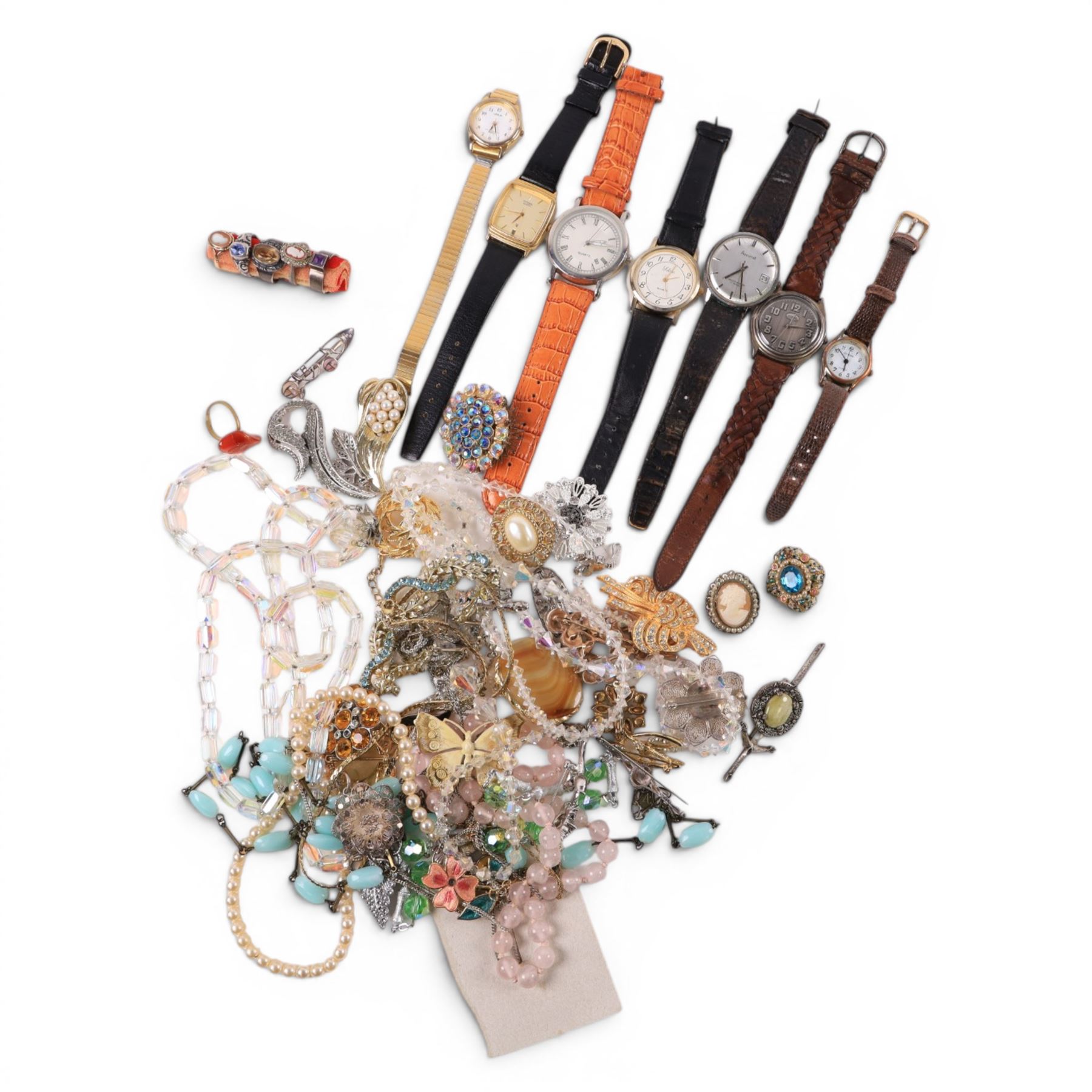 9ct gold cameo ring, silver rings and a silver brooch and a collection of costume jewellery