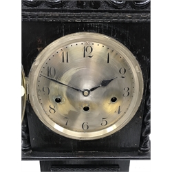  20th century oak Grandmother clock with silvered Arabic dial, three train movement chiming quarters on rods, H134cm  