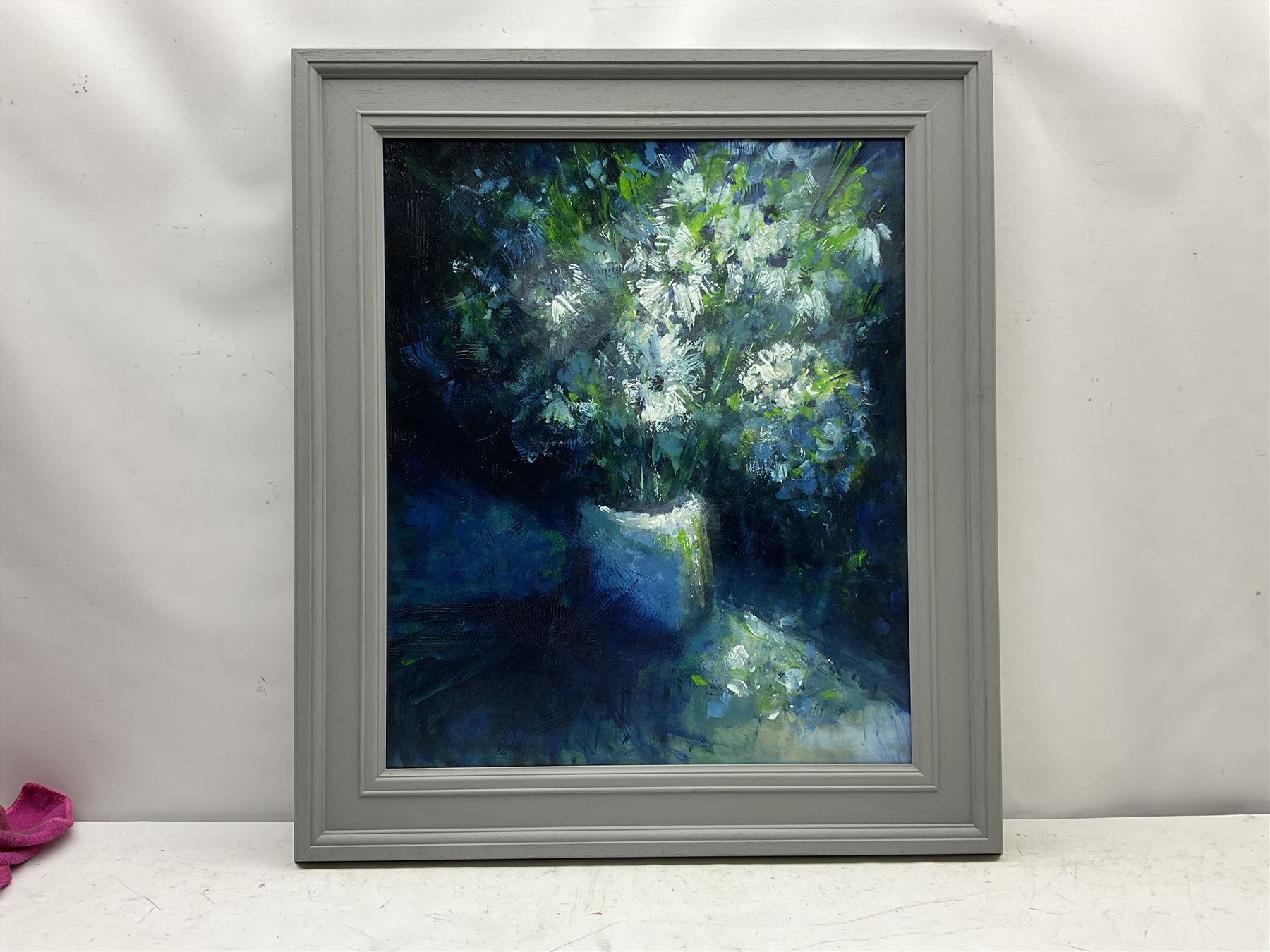 Shannon Morgan (USA 1966-): 'Flowers in Moonlight', oil on artist's board signed, titled verso 60cm x 50cm
Notes: Shannon was born and raised in the USA but for the last fifteen years has lived and worked in the City of York. Exhibiting with the Society of Women Artists in London, the Ferens Gallery Hull and the York Art Society