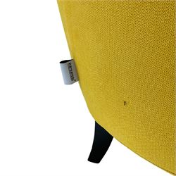 Warmiehomy - Georgian design armchair, fanned back over rolled arms, upholstered in buttoned yellow fabric, on ebonised cabriole supports