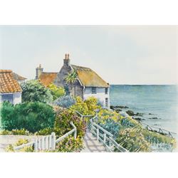 Janet Thackray (British 20th century): Lady Palmer's Cottage - Runswick Bay, watercolour signed 24cm x 34cm; M Taylor (British 20th century): 'Thistle - The Fleece Shorn', watercolour signed and dated '83, titled on label verso 25cm x 34cm (2)